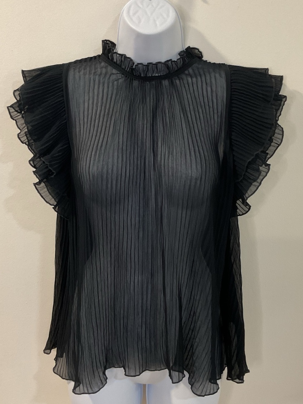 Anthropologie Interpropolgie Black Pleated Ruffle Sheer Blouse M